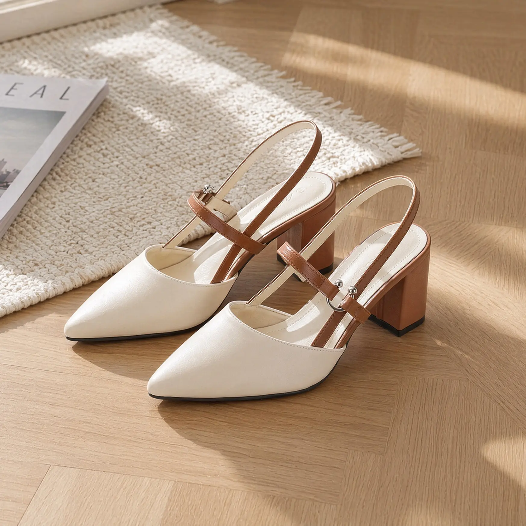 Viral Two-Tone Slingback Block Heel Sandals, French Pointed Toe Closed Toe Pumps, Adjustable Buckle Dress Heels, 2026 Summer Wedding Guest & Office Commuter Casual Women Footwear Walking Shoes Tactical Knee