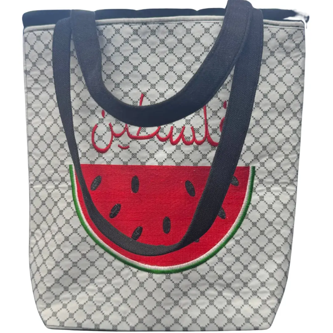 White Kuffiyeh Pattern Tote Bag - Watermelon & Arabic "Palestine"