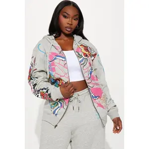 Ed Hardy Butterflies Zip Up Oversized Hoodie - Heather Grey X
