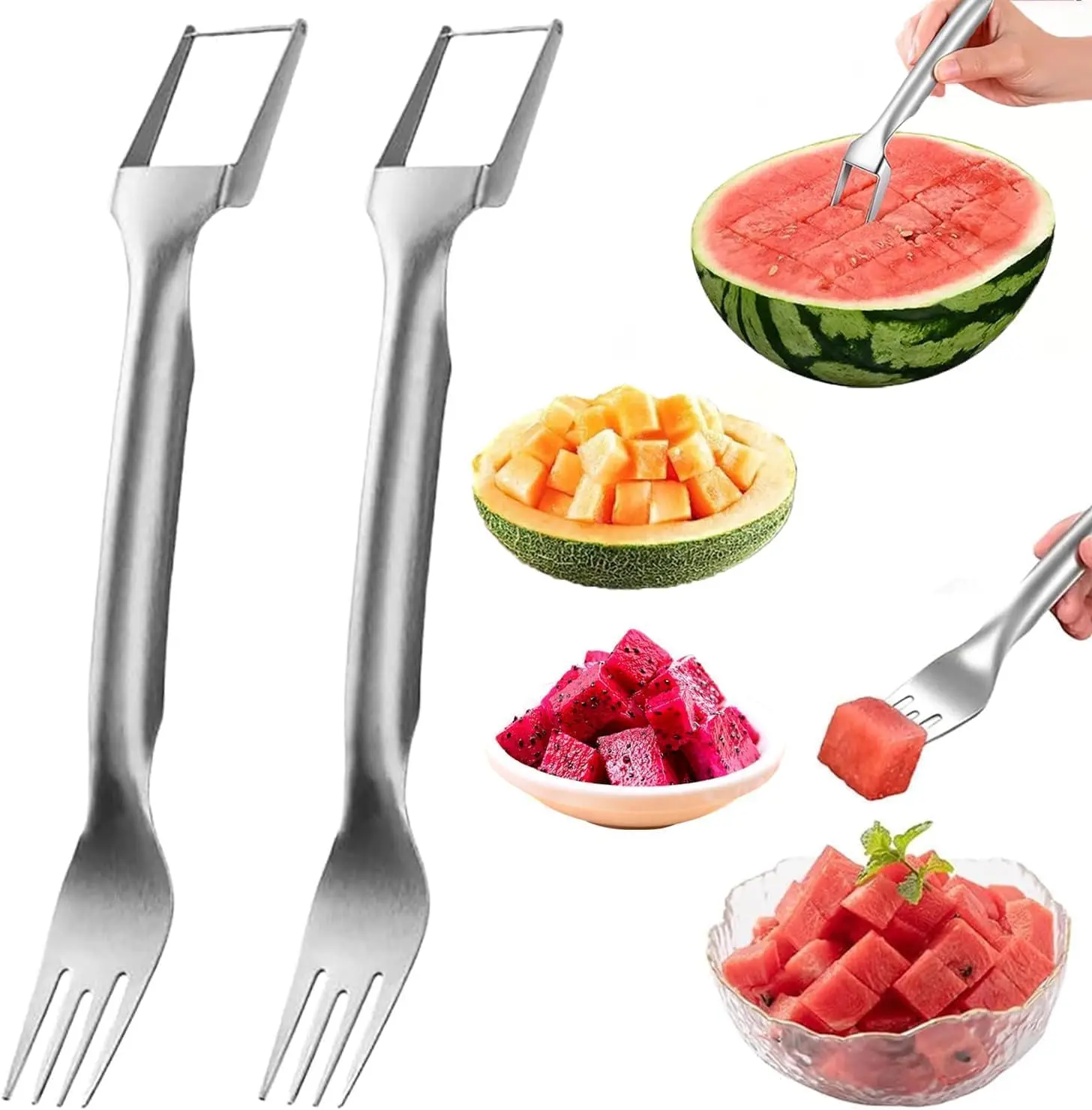 Watermelon Cutter, 2-in-1 Stainless Steel Fruit Cutter, Dual Head Watermelon Fork Slicer Tool, Summer Fruit Cutting Kitchen Gadget for Home (2PCS)