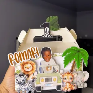 Personalized Safari Jungle Birthday Gable Box | Custom Name & Photo Party Favor | Lion, Zebra, Giraffe Theme Box