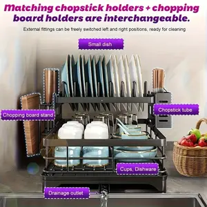 Double Layer Dishwasher Drain Rack with Drain Board and Rotating Nozzle, Carbon Steel and Plastic, Drying Rack for Kitchen Utensils
