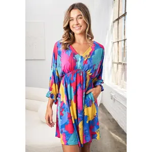 White Birch Full Size Printed V-Neck Mini Dress