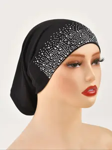 Women's Black Rhinestone Decor Beanie Hat, Casual Trendy Head Wrap for Daily Wear, Fashionable Chic Modesty Clothing Accessories for Muslims Women & Girls, Turban Hijab
