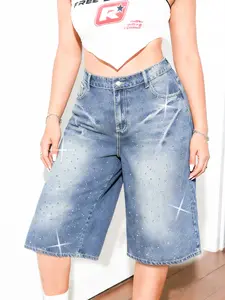 Women's Rhinestone Wide Leg Denim Bermuda Shorts, High Waist Vintage Washed Loose Calf-Length Jorts, All Over Sparkly Multicolor Crystal Y2K Streetwear Shorts, Baggy Casual Bottoms for Summer Daily Outfits, Street Shoots & Retro Hip Hop Fashion Looks