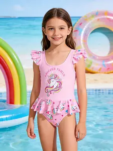 Girls Unicorn Print Ruffle One Piece Swimsuit Cute Toddler Bathing Suit for Beach and Pool