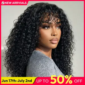 UNice 200% Shaggy Waves Big Hair Wigs with Bangs Glueless 4X0.75 Lace T Part Human Hair Wigs Pre-Styled Wig with invisi Drawstring summer wig