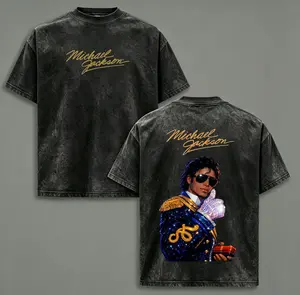 King Of Pop Vintage Acid Wash Oversized T-Shirt Front Gold Signature Back Sparkle MJ Portrait Graphic Distressed Black Unisex Cotton Crewneck Music Fan Tee Great Gift For MJ Lovers Retro Concert Casual Street Outfit， Grunge Graphic Album T-Shirt Demon
