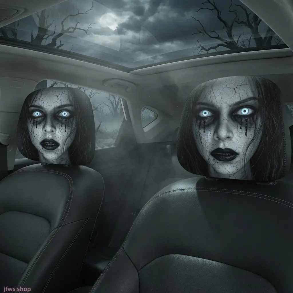 2 Pack 2026 New Double-Sided Printed Horror Scary Woman Face Car Headrest Covers Elastic Universal Fit Creepy Ghostly Halloween Prank Design Auto Interior Accessory for Men Women Daily Driving Hot Trendy Fashion