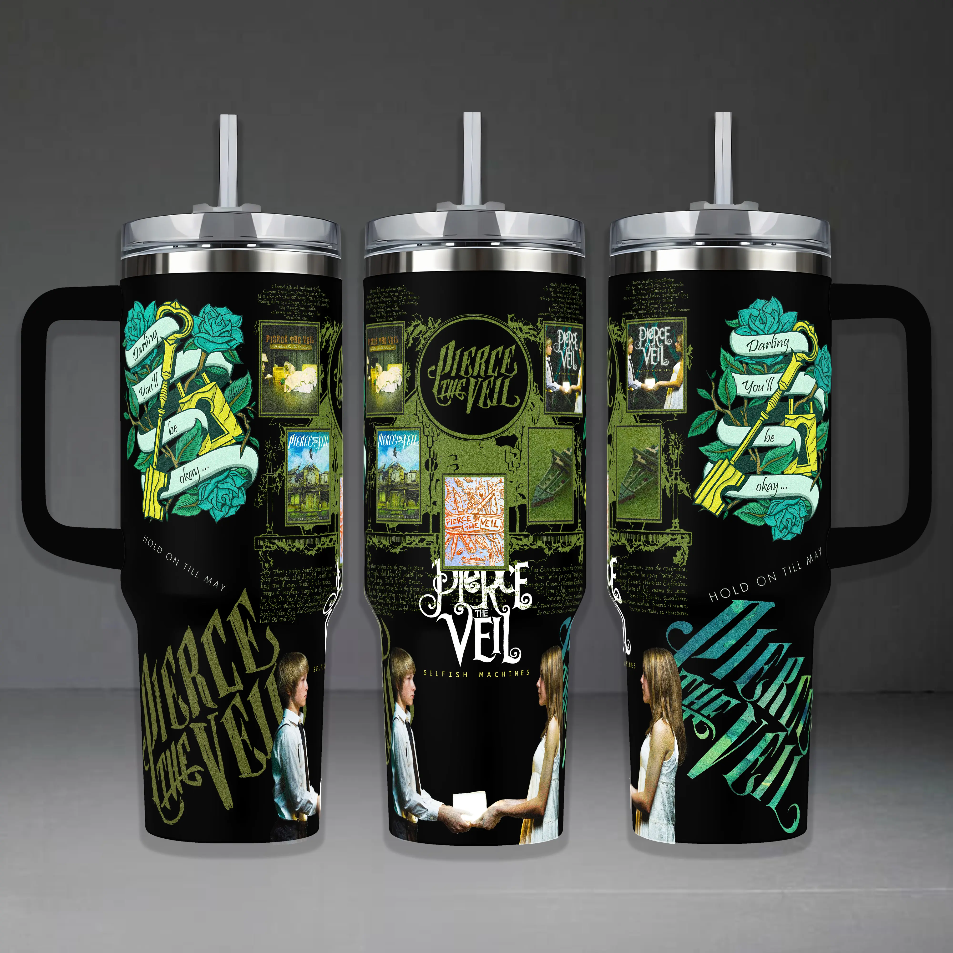 Pierce The Veil Album Tumbler, Post-Hardcore Band 40oz Cup with Handle & 20oz Travel Mug. Music Fan Gift, Pierce The Veil Inspired Insulated Tumbler Featuring Selfish Machines & Hold On Till May Graphic Design.