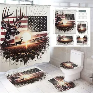 4pcs Patriotic Whitetail Buck Shower Curtain Set - Rustic American Flag and Sunburst Design with Matching Bath Rugs and Toilet Lid Cover - Perfect for Hunting Enthusiasts and Independence Day Décor, Bathroom Decor