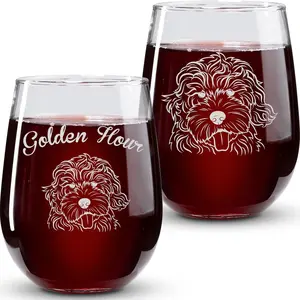On The Rox Drinks - Golden Doodle Engraved Stemless Wine Glasses - 17 oz Set of 2 Golden Doodle Gifts for Dog Lovers, Golden Retriever-Poodle Pet Owners - 'Golden Hour' Cute Gift for Mom and Women Drinkware Sturdy