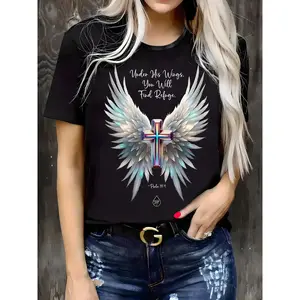 LeoMiles Plus Size Women'S Casual T-Shirt with Inspirational Cross & Angel Wings Graphic - Round Neck, Short Sleeve, Slightly Stretch Knit Fabric, Comfortable All-Season Top for Casual Attire, Ladies T Shirts
