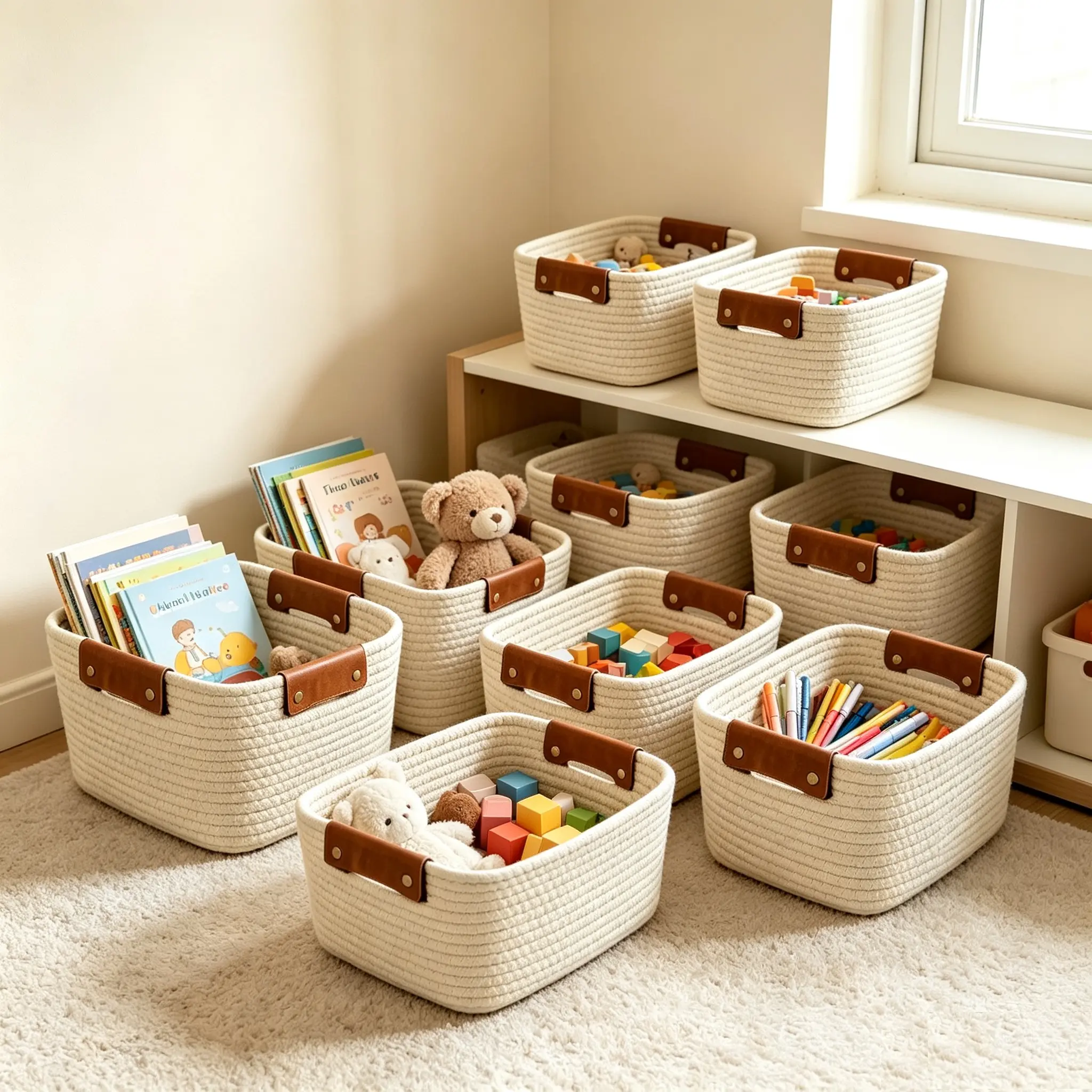 6-Pack Cotton Rope Woven Storage Baskets with Leather Handles, Decorative Retro-Look Home Use Bins, Toy & Book Organizers for Shelves, Bathroom, Closet, Decorative Basket