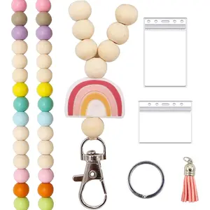 BYH20  Wooden Beaded Lanyard With ID Holder for Teachers, Women's Fashion Colorful Wood Beaded Lanyard for Keys and ID Badges