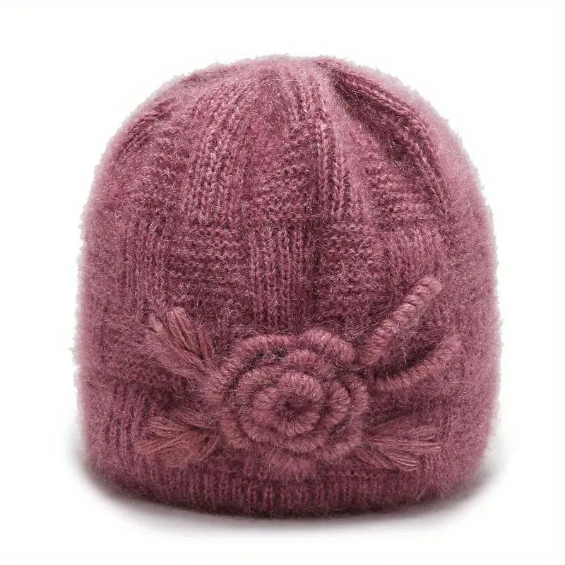 Women's Winter Floral Beanie Hat  Soft, Warm & Windproof Knit Hat with Decorative Flower  Cozy, Stretchy Cold Weather Hat for Outdoor Activities & Daily Wear