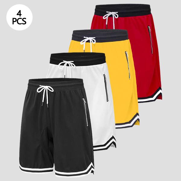 Men&rsquo;s casual athletic shorts with zippered pockets, breathable polyester fiber, elastic waistband, available in multiple colors; basketball shorts and sportswear suitable for running, training, and fitness.