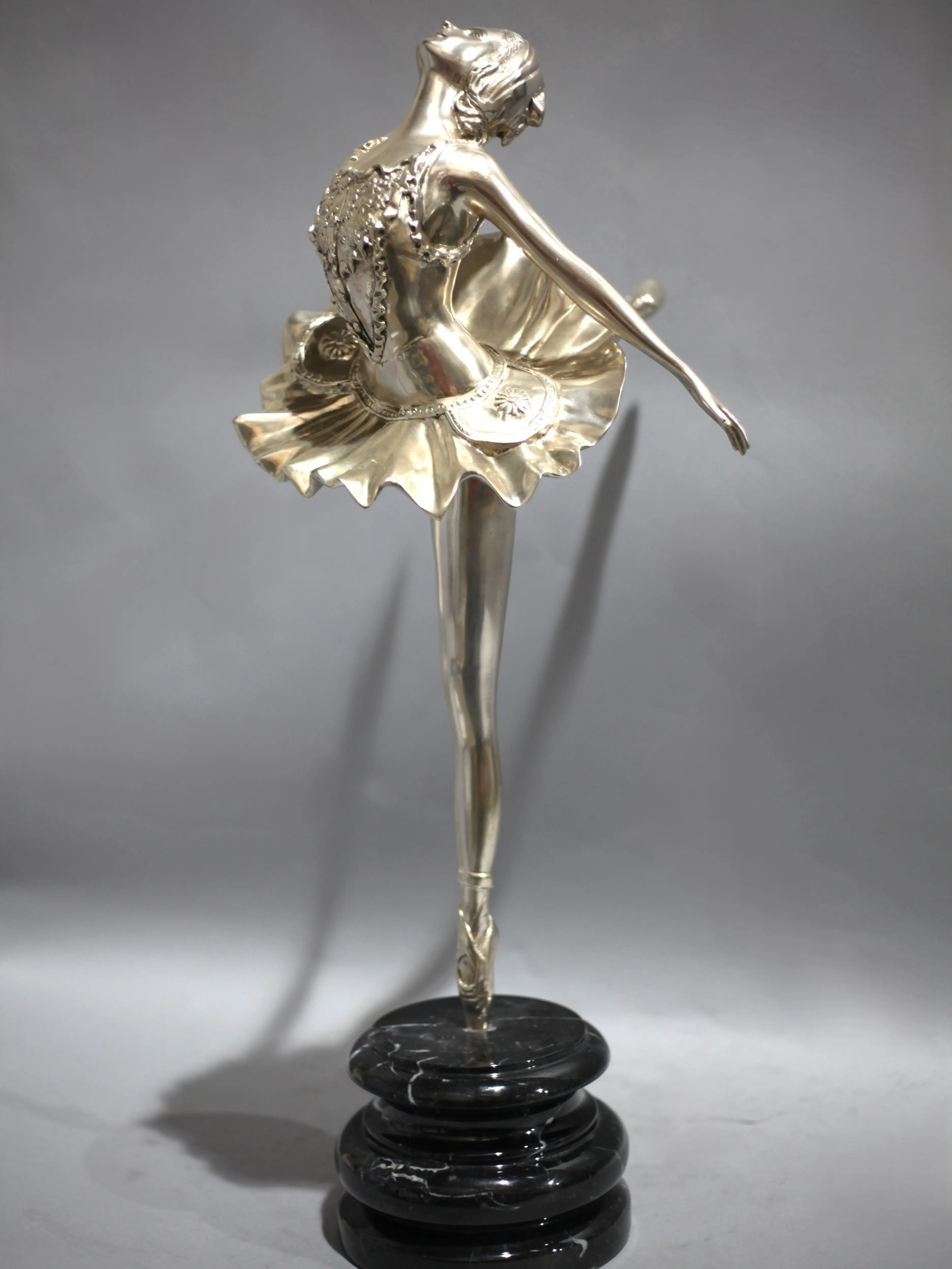 Ballerina Leg Lift Statue, Marble Base, Bronze Body with Silver Finish, Home Decor Figurine