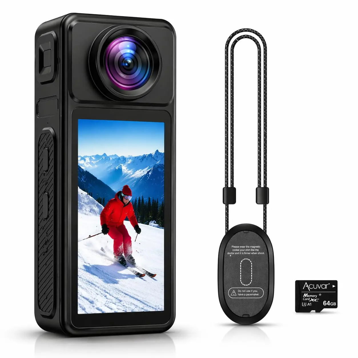 4K Mini Magnetic Wearable Action Camera with WiFi, 270° Rotating Lens, LCD Screen, and 64GB Card for Hands-Free Recording