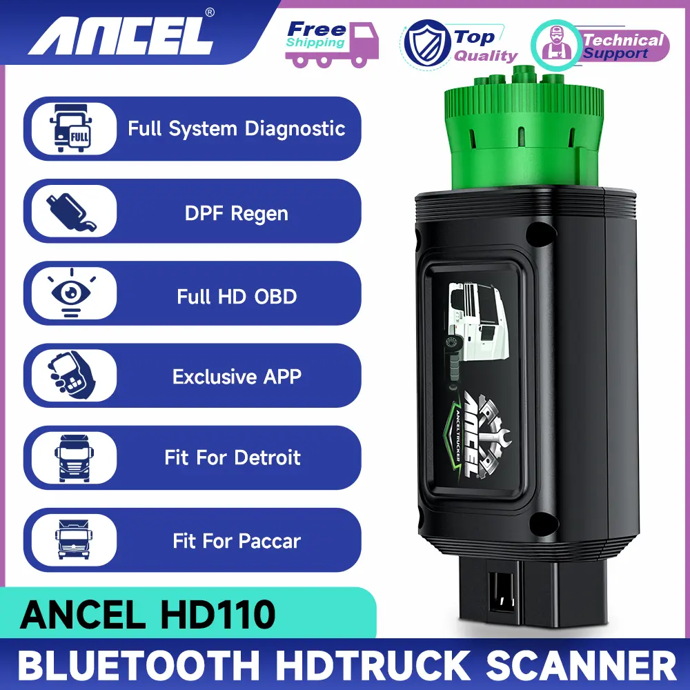 ANCEL HD110 Heavy Duty Truck Scanner with DPF Regen and Reset for Detroit Paccar Engine, Full System HDOBD & OBD2 Sanner for Diesel Trucks Lifetime Free Updates  9/12 Pin