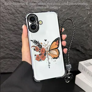 Suitable for [iPhone 16] high-end women's phone case🥰，a beautiful four-leaf clover lanyard is included🍀，Minimalist, Sophisticated Butterfly Pattern，drop-resistant and fingerprint-resistant 995