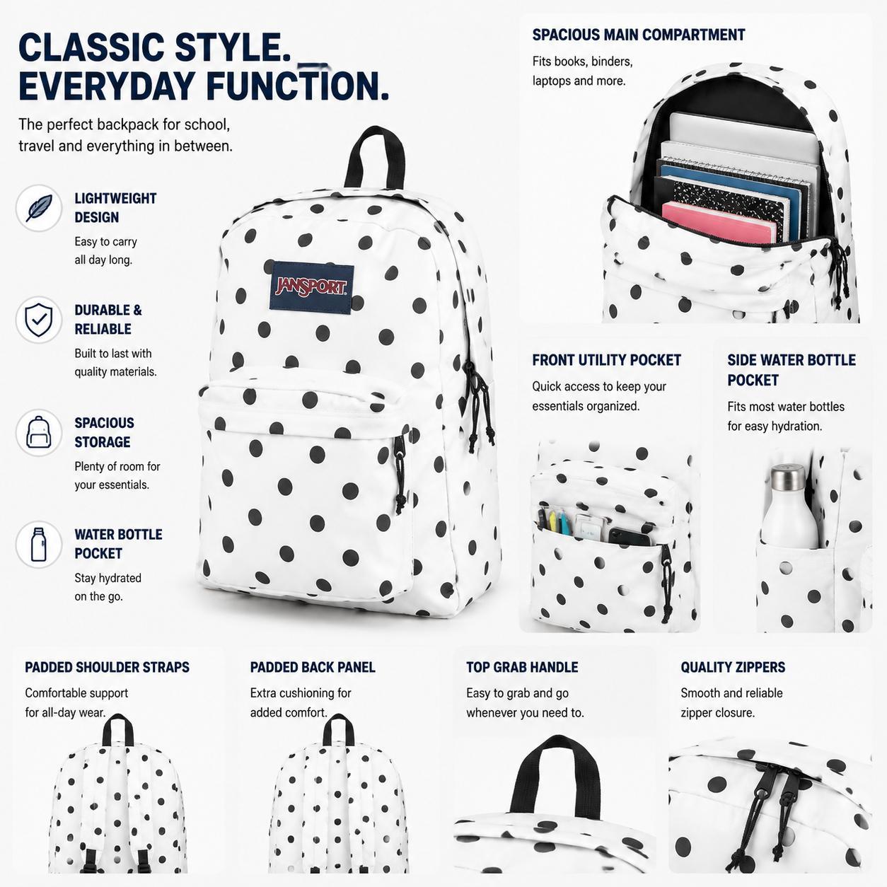 JanSport Big Student Unisex Backpack, Classic Suede Bottom, Letter Patch, 15-Inch Laptop Compartment, Large Capacity, Side Water Bottle Pocket, Back to School Book Bag, College Bag for Daily Use, Bookbag