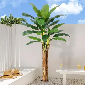 Artificial Banana Tree, Faux Banana Tree with Grey Planter, Artificial Plants with Faux Banana Leaves Plant for Home Office Decor