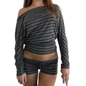 2 Piece Set Striped Asymmetric Shoulder Crop Top & Shorts Suit, Fitted Knitwear Casual Home Wear Summer Style Women's Vintage Fashion Clothing Sets, Loungewear, Fall outfitGiftGift