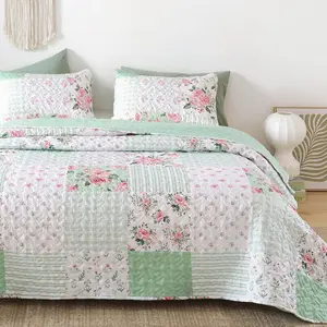 Sets Twin Size Floral Set 2 Pieces Bedding Set Bedspreads Green Comforter Blanket with 1 Pillow- Soft Floral Coverlet with Printed Pattern 66in.x 90in.