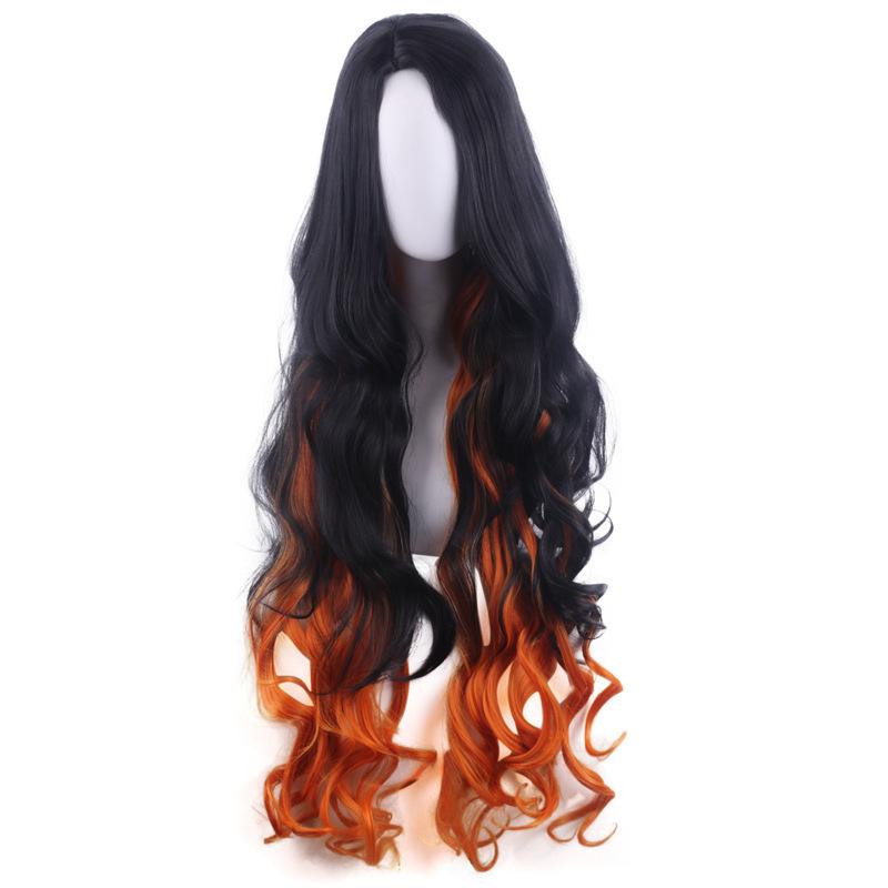 Anime Kamado Yellow Wigs Hair Cosplay Nezuko Hairs Cap Dye Gradient Long Curly Hair Halloween for Adult Woman
