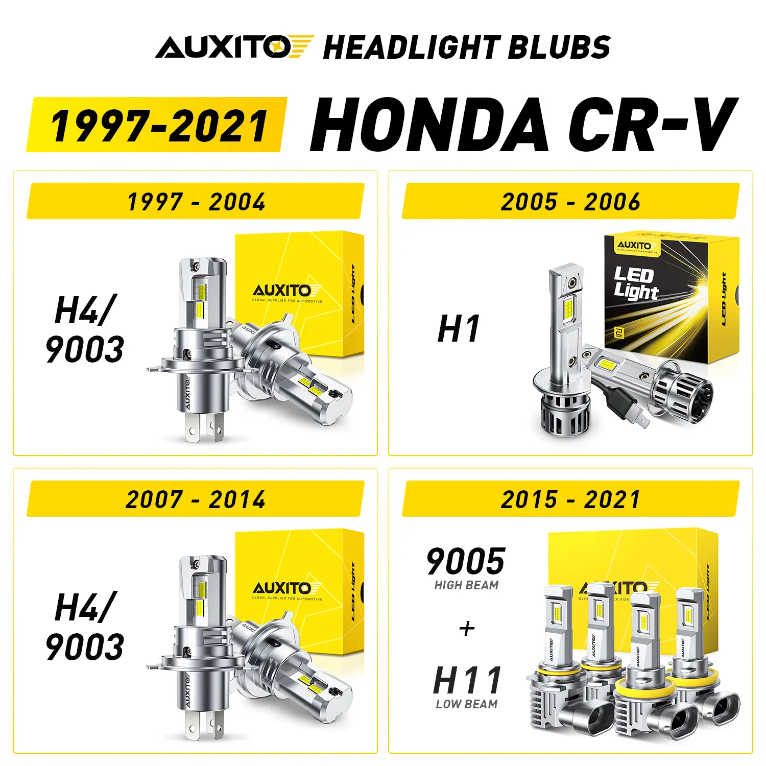 1997-2021 Honda CR-V AUXITO LED Headlight Bulbs, H4/9003 (1997-2004 & 2007-2014), H1 (2005-2006), 9005 High Beam & H11 Low Beam (2015-2021),40000LM 6500K Cool White, Anti-glare,CANBUS Ready,No error,No Flickering, Plug and Play