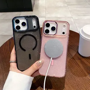 HISTORYOO Bling Glitter Magnetic Case For iPhone 17 Pro Max 16 15 14 Plus 13 12 11 Pro For MagSafe Sparkling Soft TPU Bumper Shockproof Luxury Transparent Crystal Clear Sparkly Hybrid Slim Cute Protective Cover Anti-Yellow For Women Girls