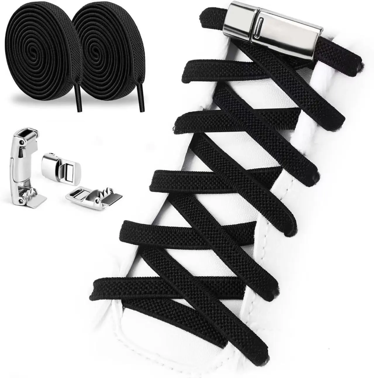 Elastic No Tie Shoe Laces for Sneakers - Lightweight Magnetic Buckle, One Size Fits All, Comfortable Fit for Kids & Adults, White & Black Shoelace Adjustable Shoelaces