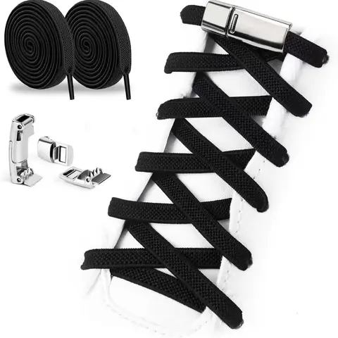 Unisex Elastic No Tie Shoelaces for Casual Sport Sneakers - Lightweight Magnetic Buckle, 1 Size Custom Fit, White & Black Footwear Accessories for Kids & Adults
