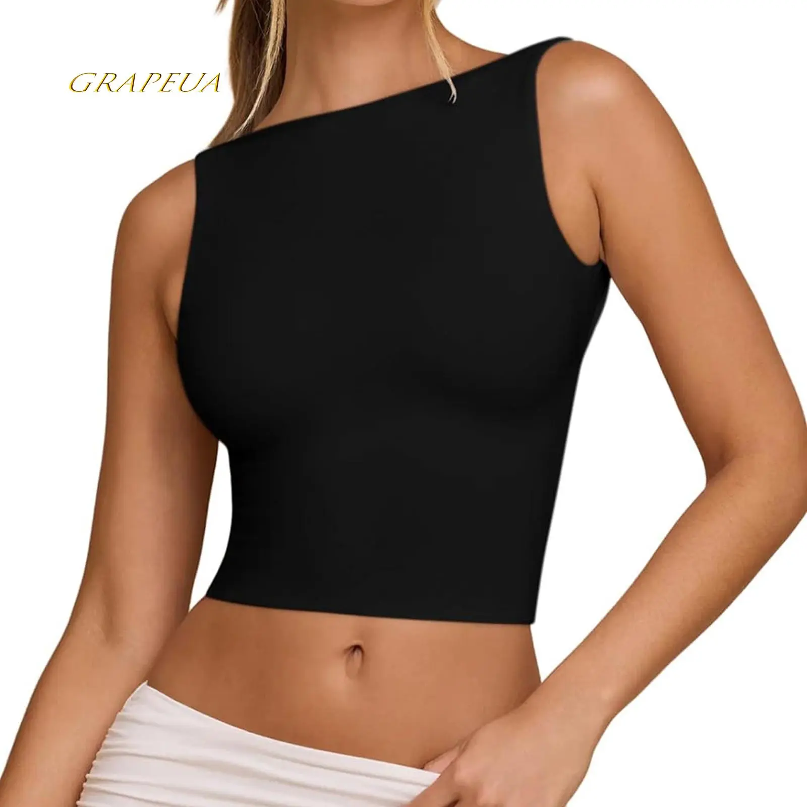 Women's Tank Top with Boat Neck and Open Back, Casual Chic Solid Color Sleeveless Polyester Elastane Top for Summer Wear, Tank Tops