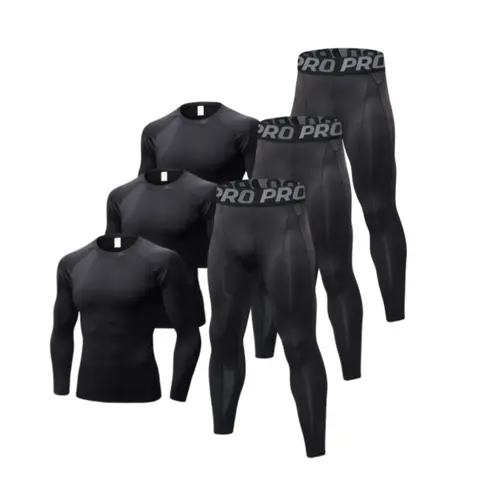 LANBAOSI Men's 3-Pack Polyester Compression Shirts & Pants Sweatsuits Set, All Seasons Dry Fit Wicking Long-Sleeve Base Layer Tight Running Activewear, Sporty High-Stretch Breathable Gym Outdoor Fitness Gear