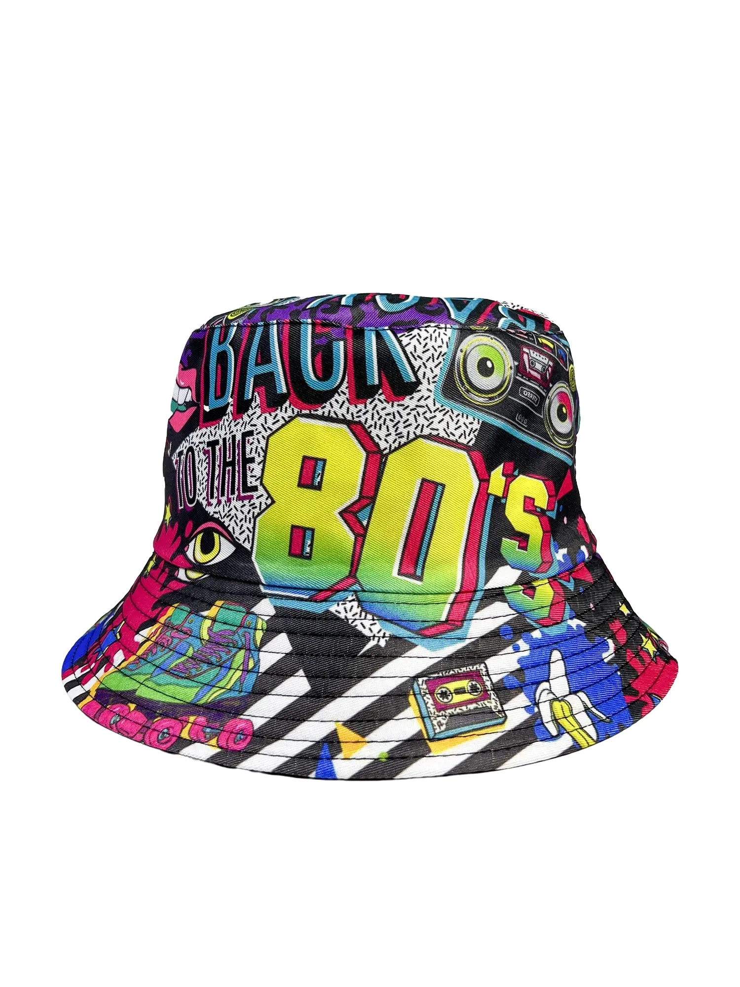 Vintage 80s 90s Fisherman Hat for Men Women, Casual Summer Hat, Double-Sided Reversible Bucket Hat with Retro European American Prints, Short Brim for Sun Protection, Indoor Outdoor Daily Cap