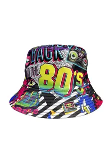 Vintage 80s 90s Fisherman Hat for Men Women, Double-Sided Reversible Bucket Hat with Retro European American Prints, Short Brim for Sun Protection, Indoor Outdoor Daily Cap