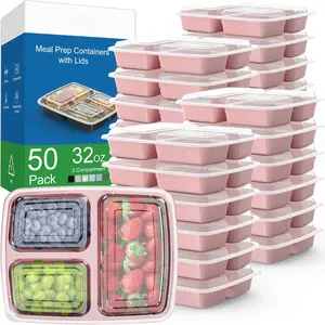 50 Pack (100-) 32 oz Meal Prep Containers  with  3-Compartment, To Go Take Out Plastic  Storage Containers, Sturdy Leakproof  Safe, Microwave Freezer Dishwasher Safe,