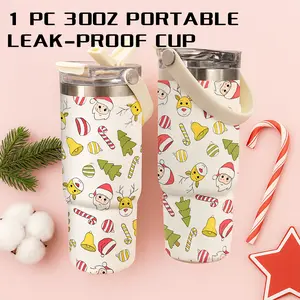 1 Pc 30 Oz Santa Reindeer Candy Vacuum Tumbler with Handle, 2-in-1 Flip Lid, Leak-Proof, Double-Wall Insulated, Easy Carrying, Cute and Fun Style, Keeps Hot 12H/ Cold 24H, Holiday Gift for Women, Teachers, Friends, Use At Office, Home or Car.