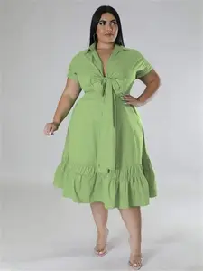 Bandage Bow Tie Solid V Neck Ruffles Hem  Maxi Dress Plus