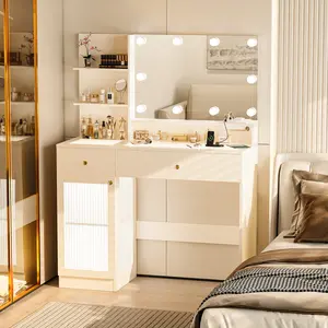 40" Vanity Desk with Mirror & Lights, Makeup Vanity with Glass Top & Storage Drawer & Glass Cabinet, 3 LED Light Modes, Power Outlet for Bedroom