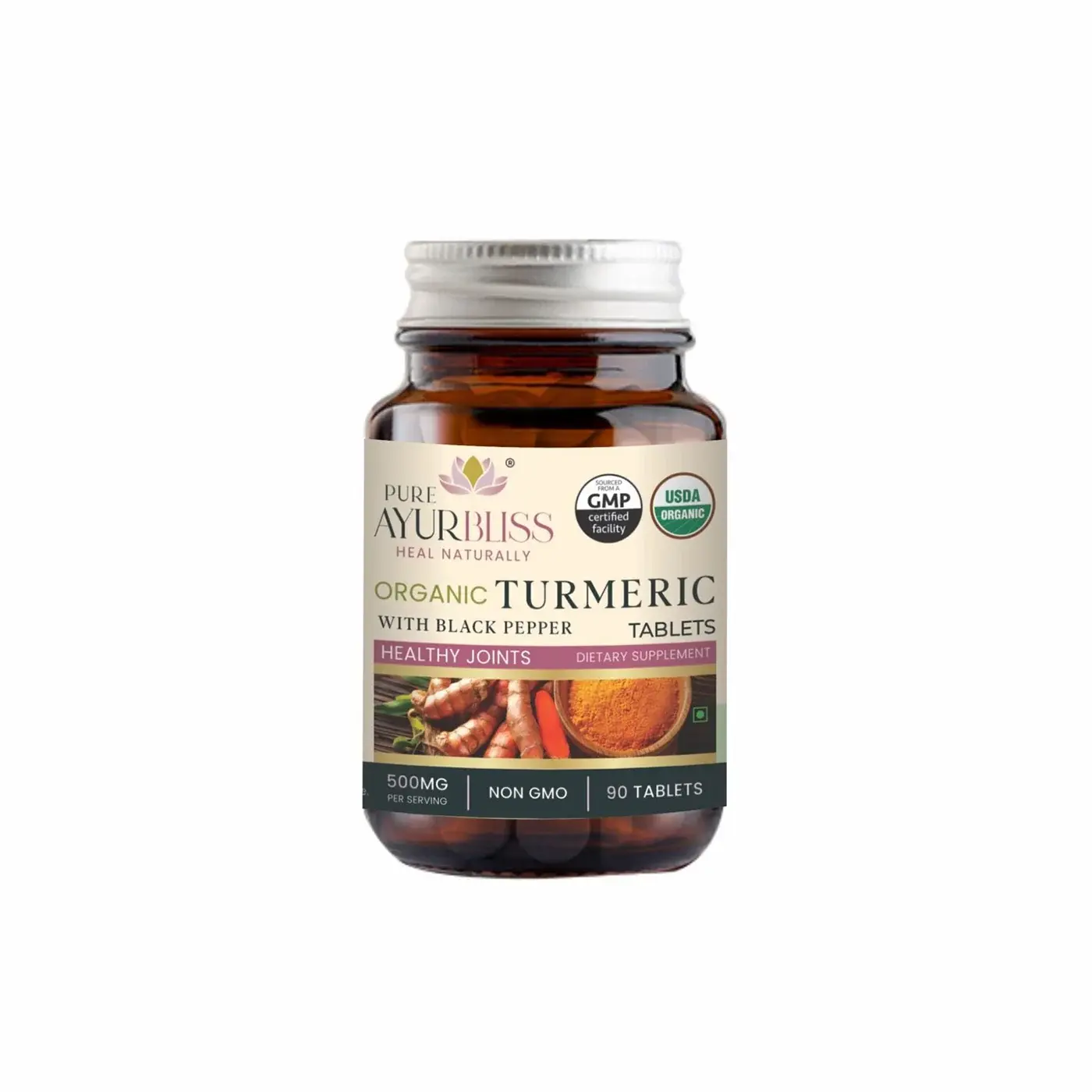 Pure Ayurbliss Organic Turmeric Tablets with Black Pepper 500mg per Serving – Curcuma Longa Ayurvedic Herbal Supplement, USDA Organic, Non-GMO – 90 Tablets