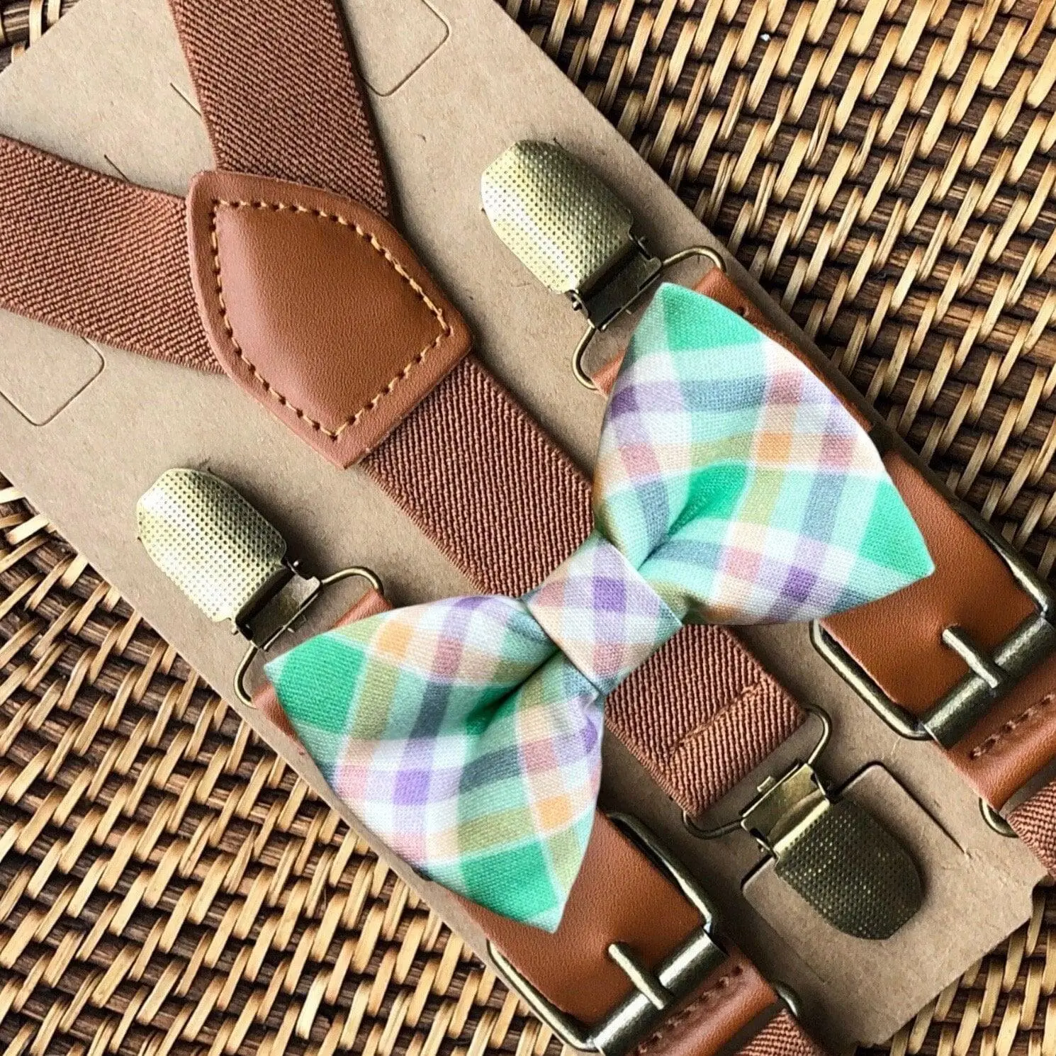 Green & Purple Easter Bow Tie & Cognac Suspenders
