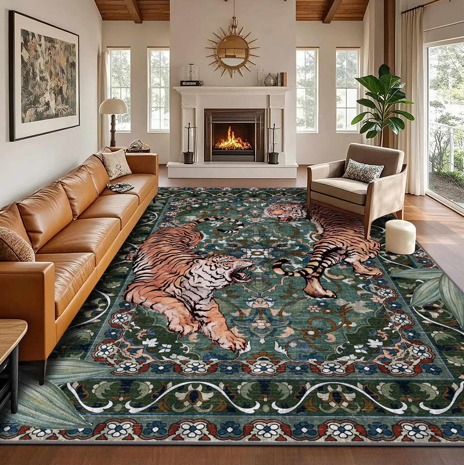 Geanup Tiger Unique Rug - Green Washable Non-Slip Soft Botanical Low-Pile Carpet, Living Room Decor Rugs for Entryway Room Decor Use