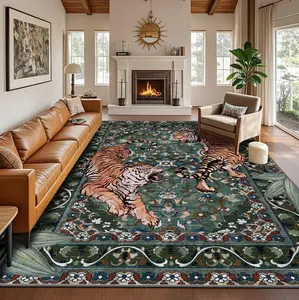 Geanup Tiger Washable Rugs, Green Entryway Jungle Rugs Non Slip, Soft Botanical Area Carpets for Bedroom, Low Pile Floor Carpet for Kitchen Laundry Living Room Dorm Nursery Office