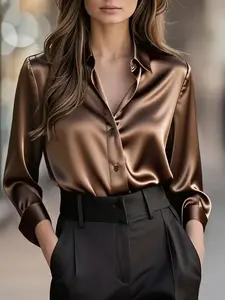 Women's Fashion Solid Color Long Sleeve Satin Commuter Shirt, Ladies' Top for Office Wear, Stylish and Comfortable Fitted Blouse