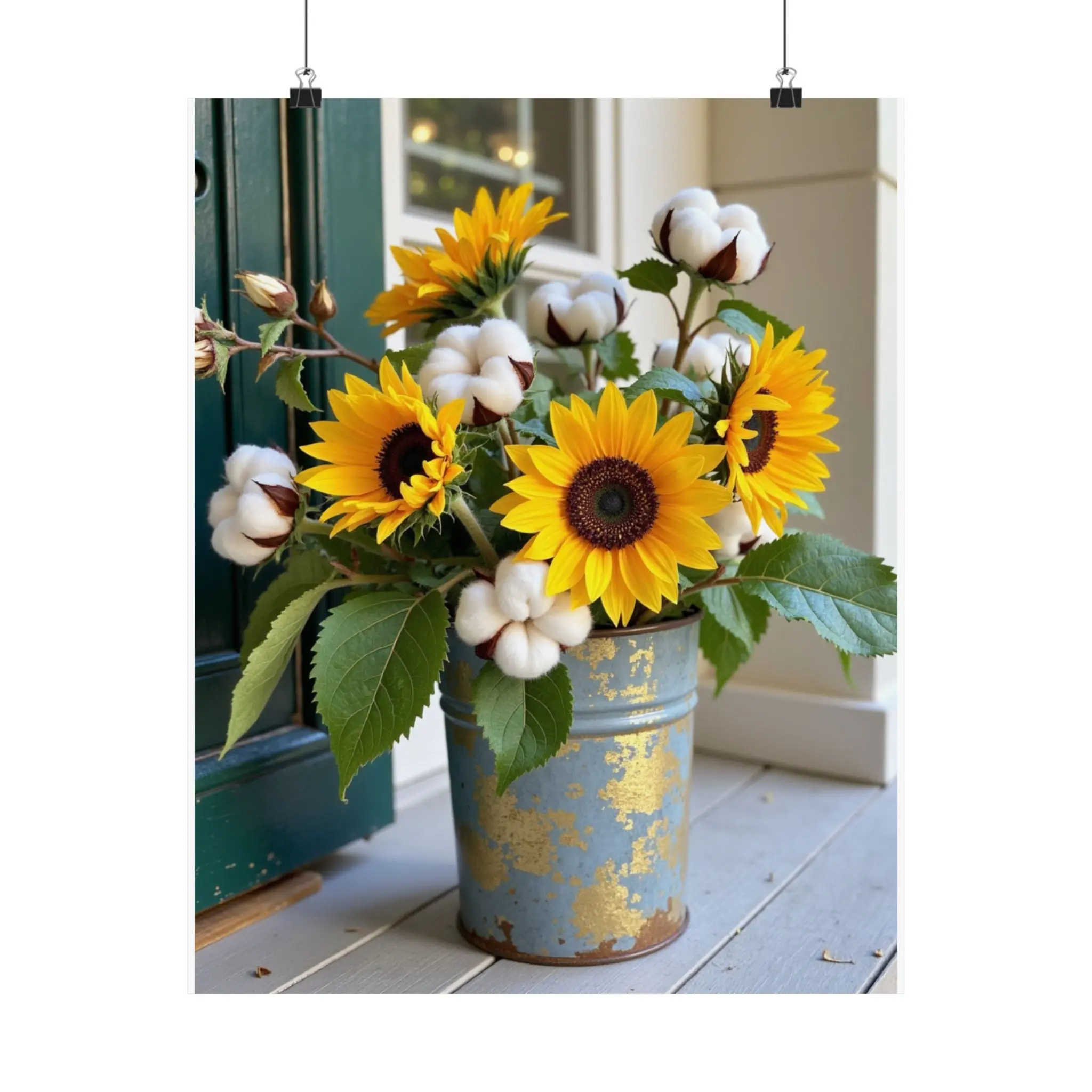 Sunflower & Cotton Bucket Poster — Matte Vertical Floral Wall Art
