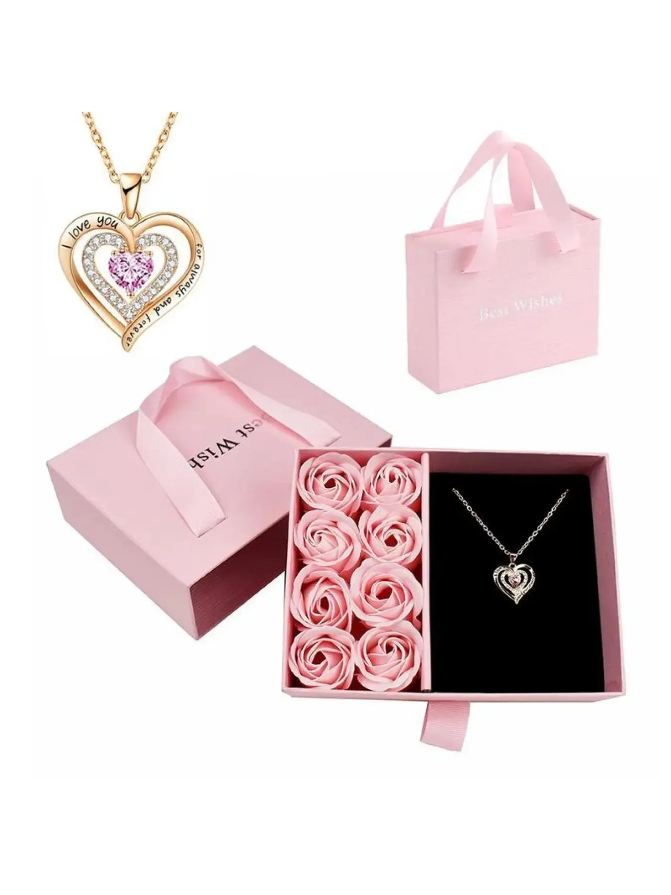 Gift Box Set with Soap Flower and Heart Pendant Necklace, 1 Creative Square Handle, Beautiful Birthday Wedding Engagement Gifts for Women and Girls, Valentine's Day, matching effortless versatile