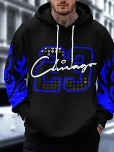 Men's 3D Printed Hoodie, Blue Flame & Number 23 Design, Soft Round Neck Pullover, Streetwear, Party, Casual Wear